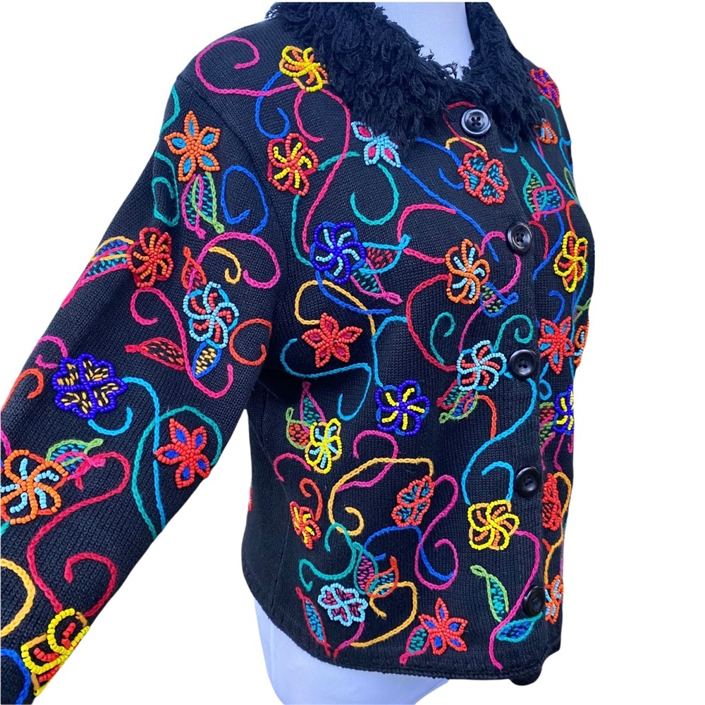 Vintage Michael Simon Cardigan Sweater Beaded Embroidered Flowers Fringe Size M